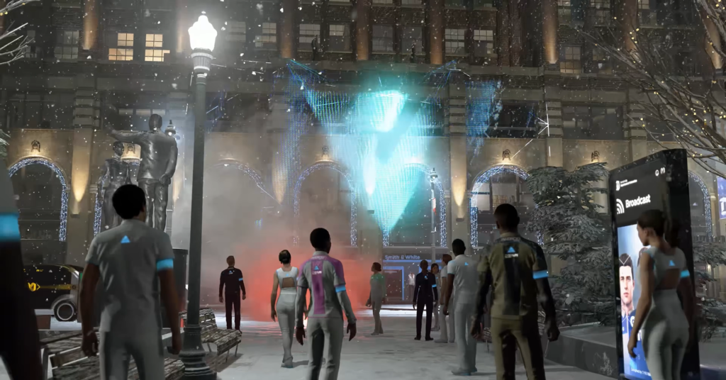 Андроиды смотрят голограмму в заснеженном городском парке