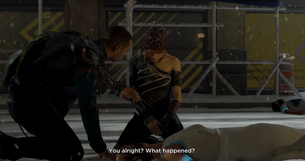 Маркус и Норт из Detroit: Become Human помогают раненой на улице