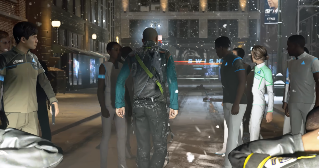 Маркус из Detroit: Become Human идёт по улице ночью
