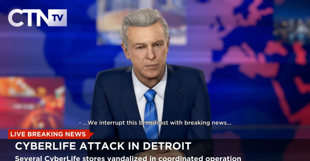 Ведущий новостей CTN сообщает о нападении CyberLife в студии