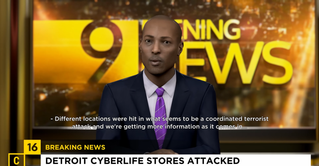 Ведущий новостей сообщает в студии Detroit: Become Human