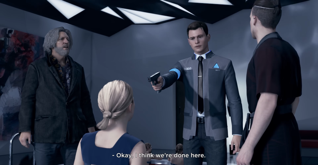 Коннор Detroit: Become Human целится пистолетом в комнате