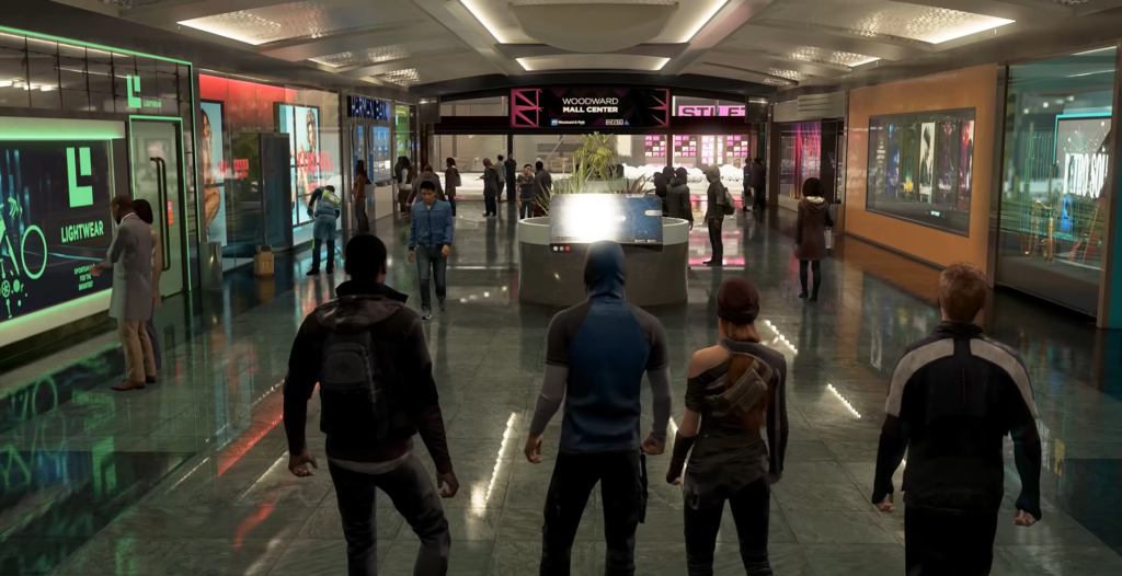 Люди идут по торговому центру с витринами