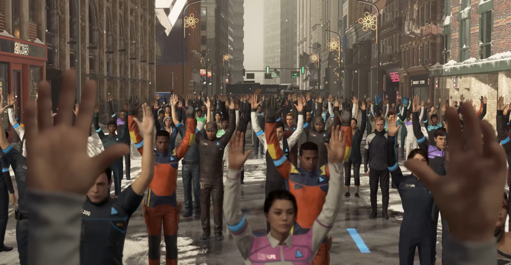 Андроиды поднимают руки на городской улице зимой