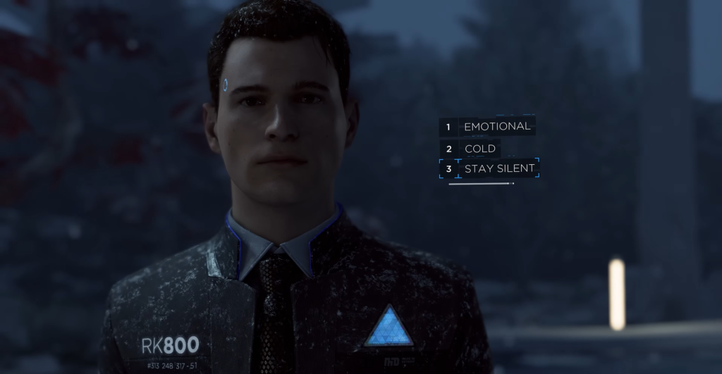 Коннор из Detroit: Become Human выбирает реплику ночью