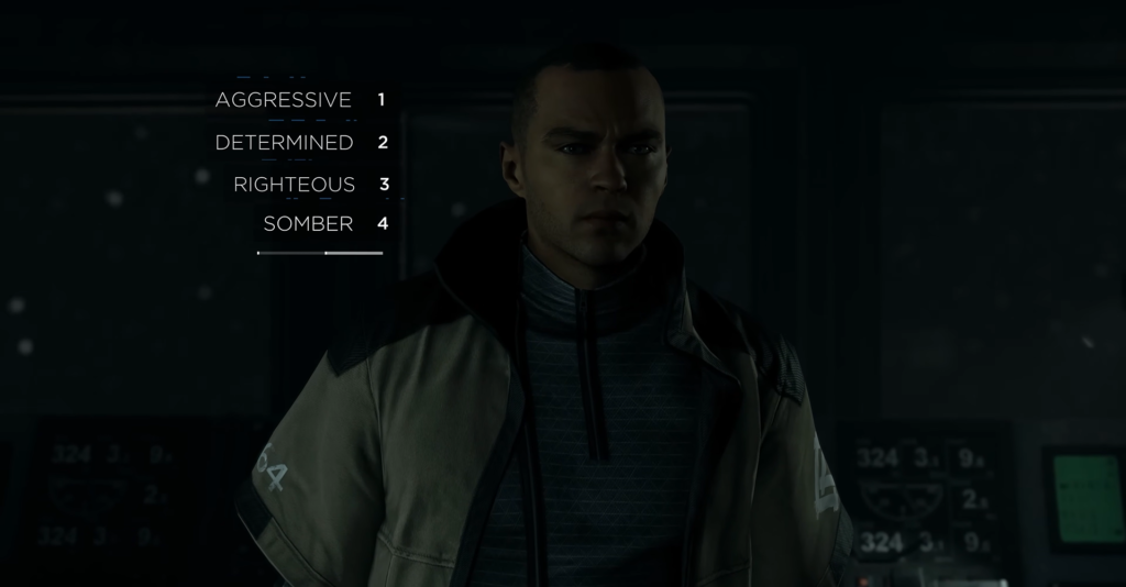 Персонаж Detroit: Become Human выбирает настроение в меню