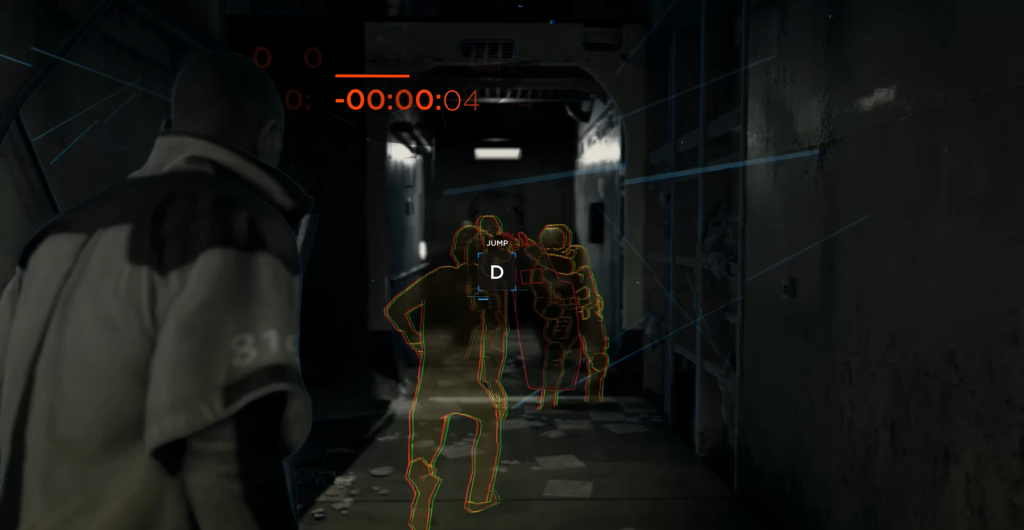 Персонаж бежит по коридору к охранникам