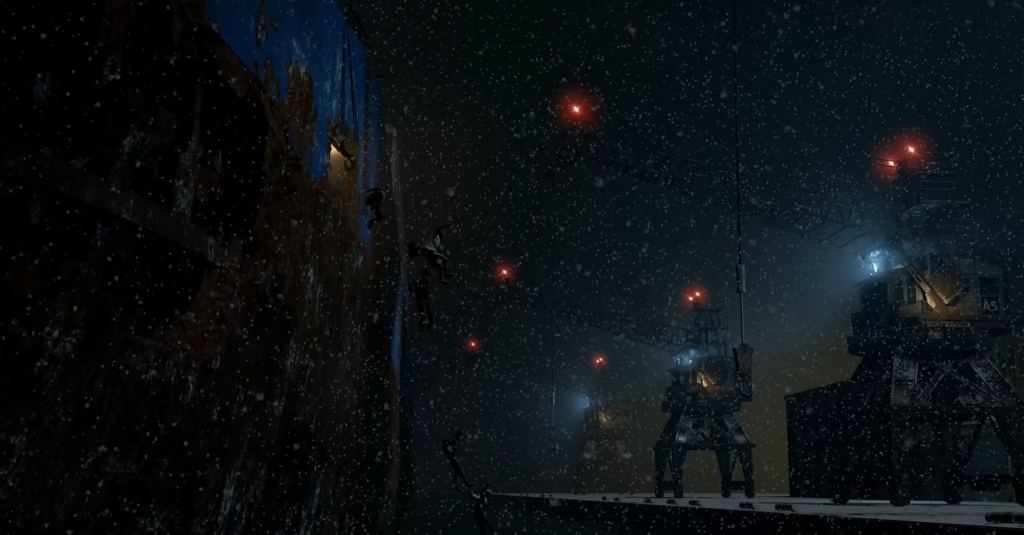 Альпинисты карабкаются по ледяной стене ночью в снегопад