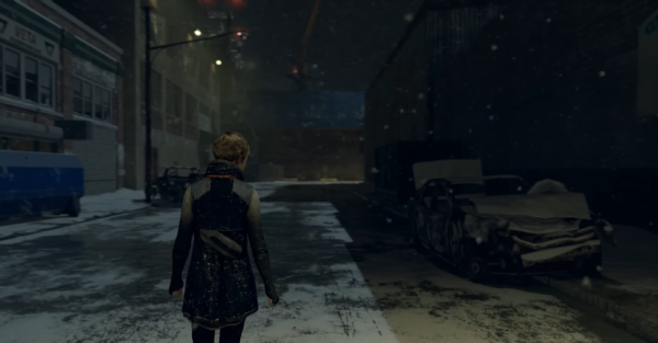 Девушка идет по заснеженной улице ночью