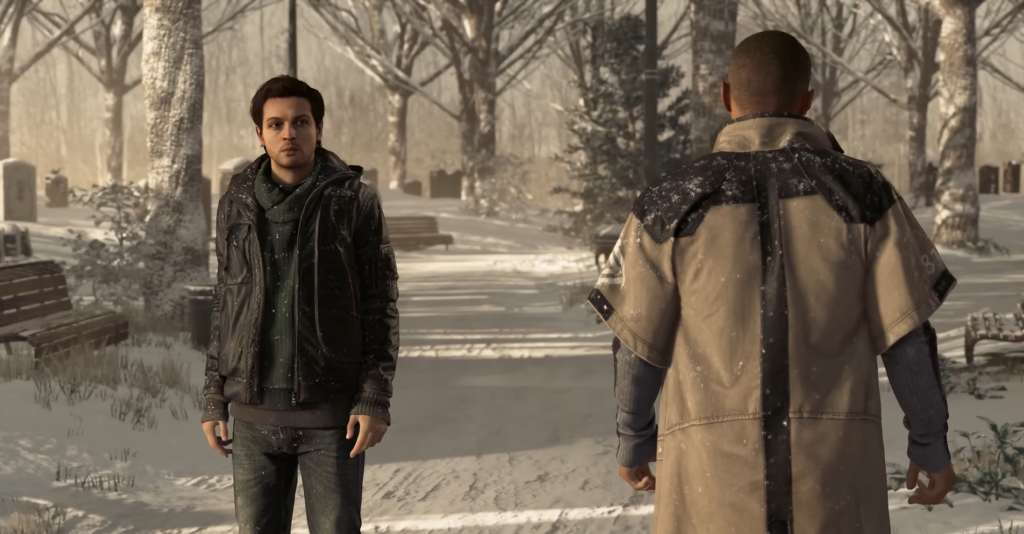 Два мужчины стоят в заснеженном парке зимой