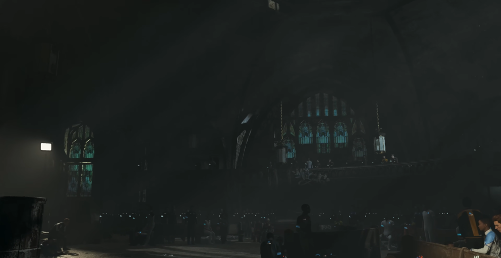 Андроиды стоят в темной церкви с витражами