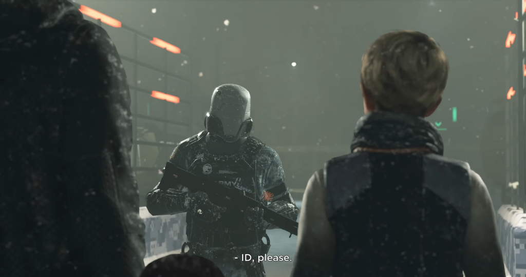 Вооружённый охранник проверяет документы на снежном блокпосту