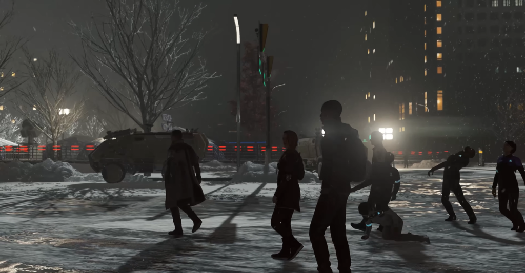 Люди идут по заснеженной улице ночью у бронемашины