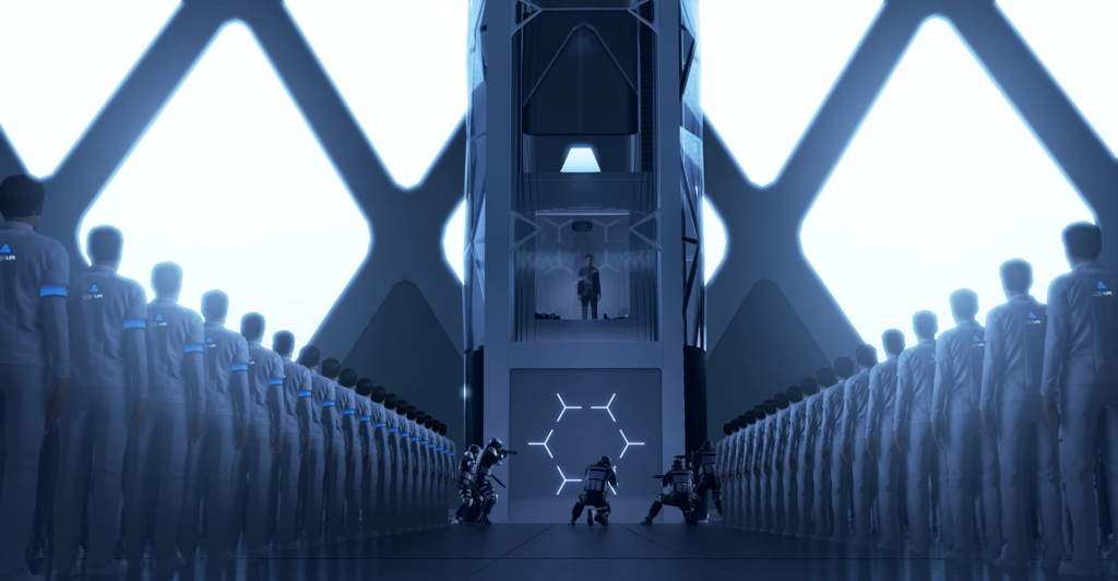 Андроиды стоят в строю в футуристическом зале