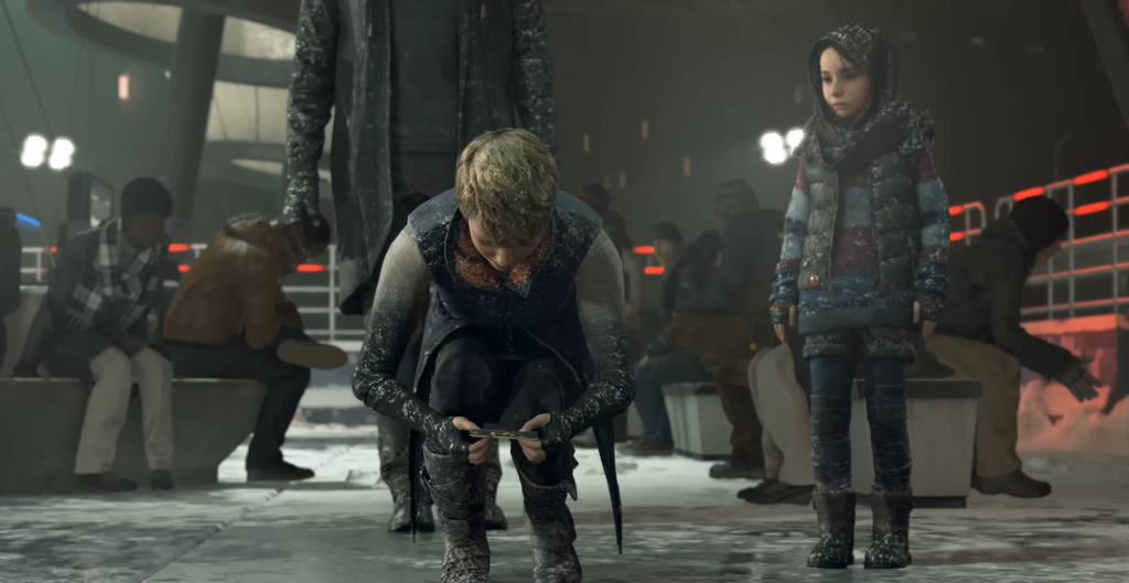 Кара из Detroit: Become Human сидит на скамье в приюте