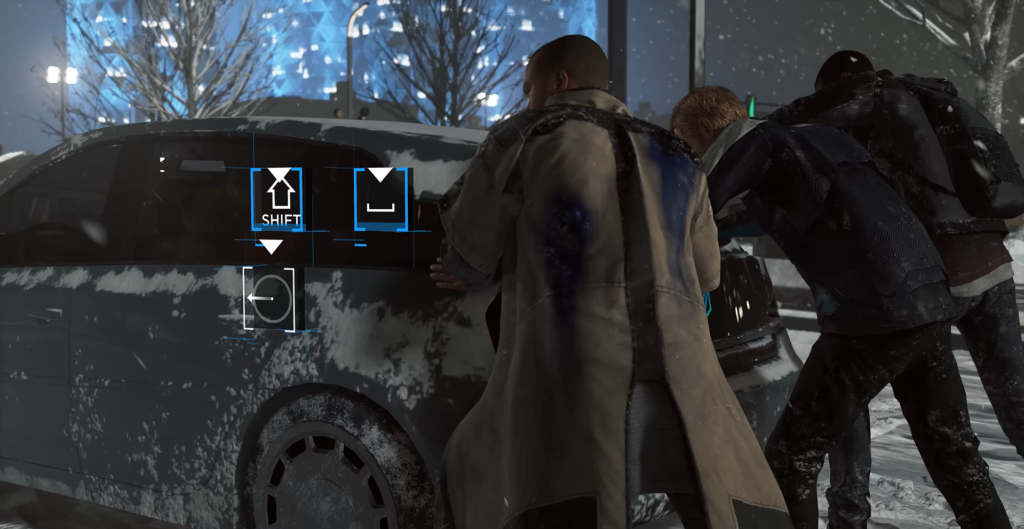 Люди толкают заснеженную машину на улице ночью