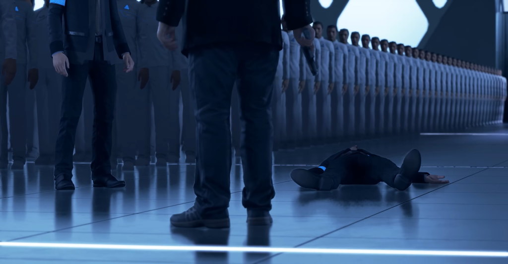 Андроид лежит на полу перед строем андроидов