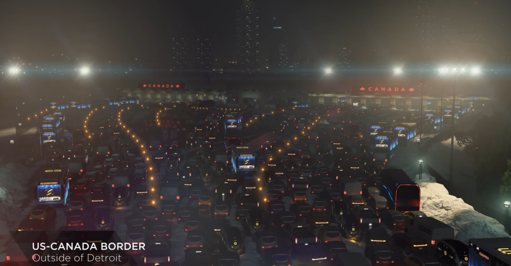 Очередь машин на границе США и Канады ночью