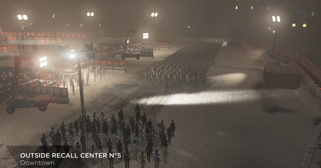 Андроиды стоят в строю на заснеженной площади