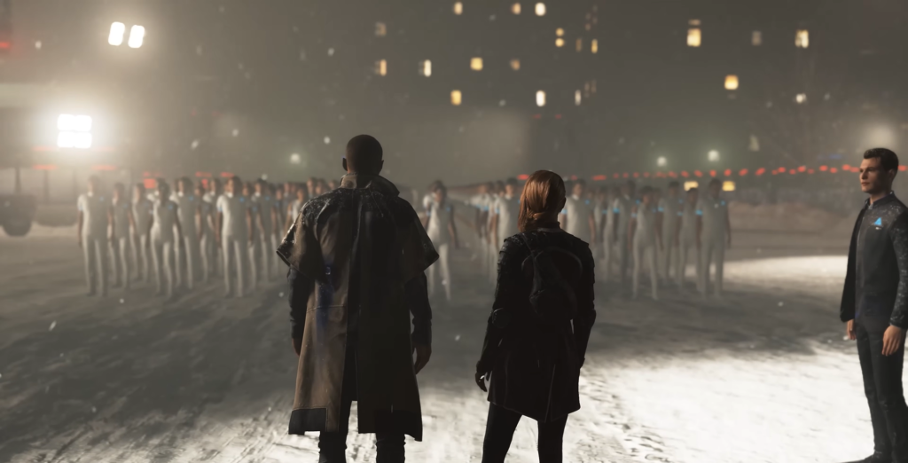 Маркус и Кара стоят перед андроидами на улице