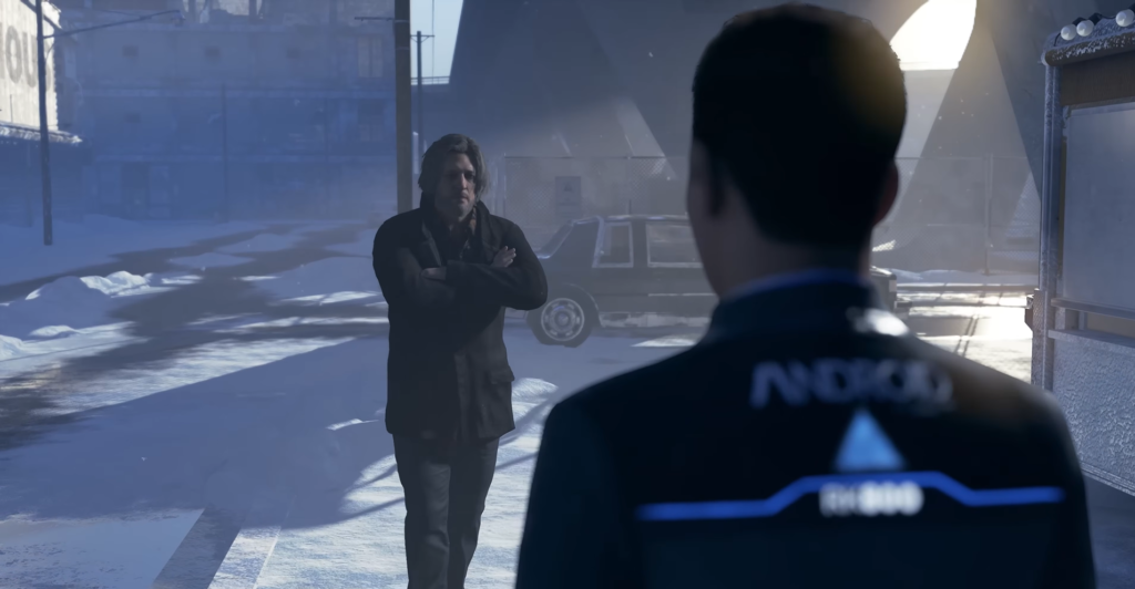 Коннор из Detroit: Become Human смотрит на Хэнка на улице