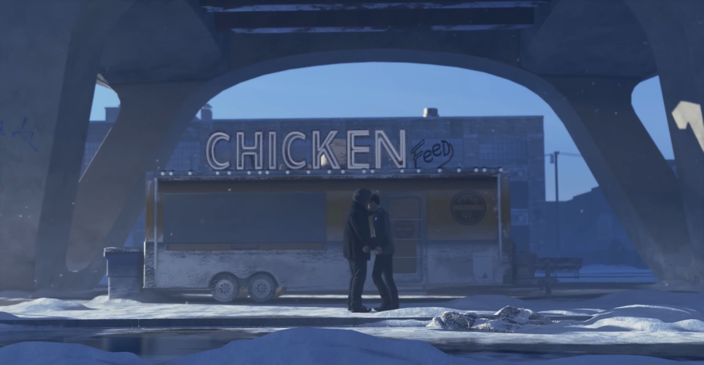 Двое мужчин целуются у киоска Chicken Feed зимой