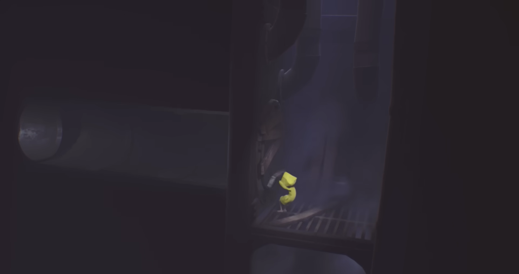 Шестая из Little Nightmares карабкается по лестнице в темноте