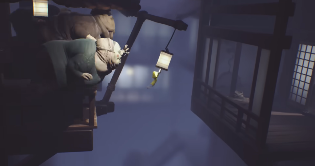 Шестая из Little Nightmares прыгает к фонарю в тумане