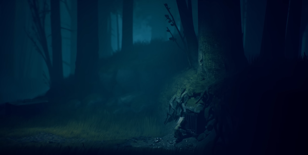 Клетка у корней дерева в туманном лесу