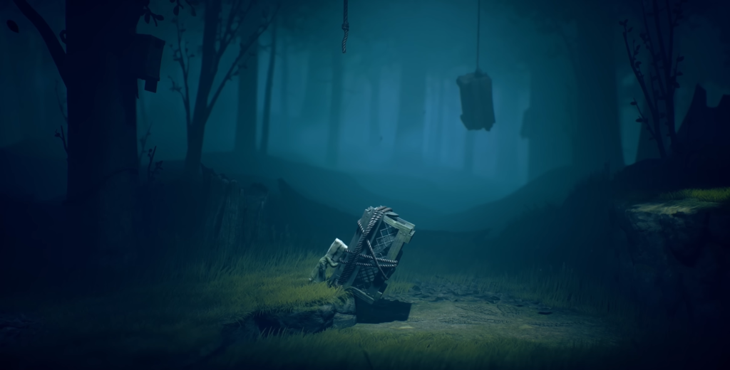 Мальчик тащит клетку по туманному лесу