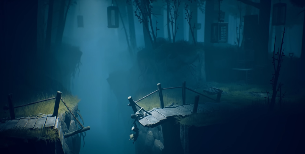 Шестая из Little Nightmares 2 висит на мосту в лесу