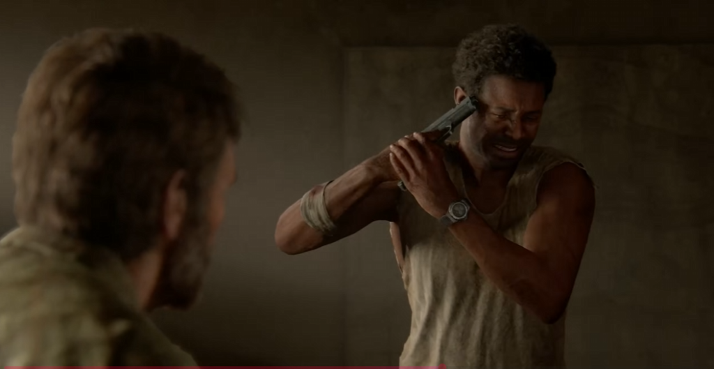 Генри из The Last of Us держит пистолет в комнате