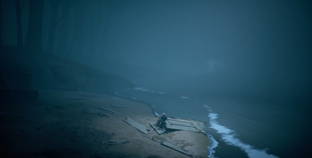 Маленькая фигура в капюшоне сидит у берега ночью