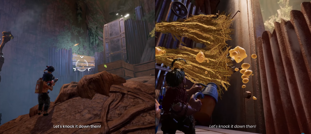 Персонаж It Takes Two стреляет в улей в пещере