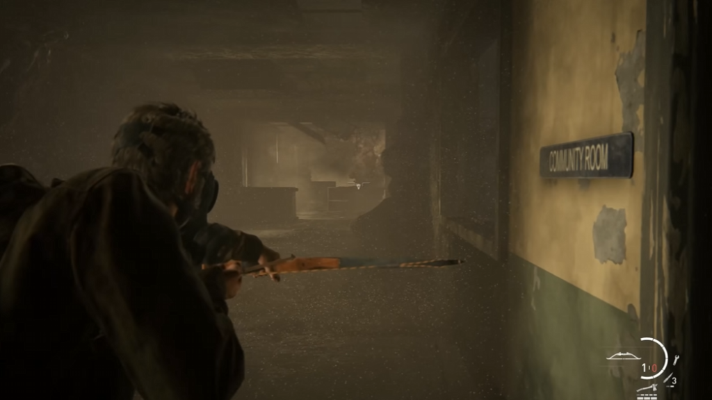 Элли из The Last of Us целится в коридоре