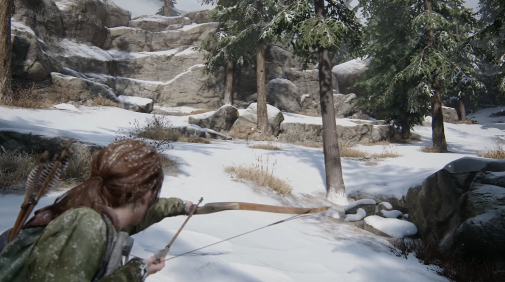 Элли из The Last of Us целится из лука в снегу