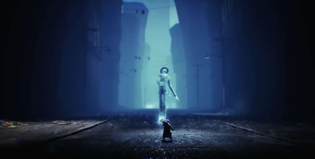 Моно из Little Nightmares 2 стоит в переулке