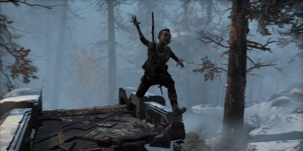 Атрей прыгает в заснеженном лесу God of War