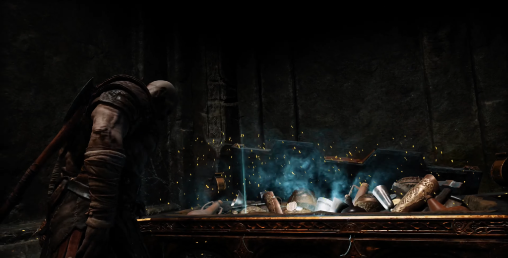 Кратос из God of War открывает сундук в пещере