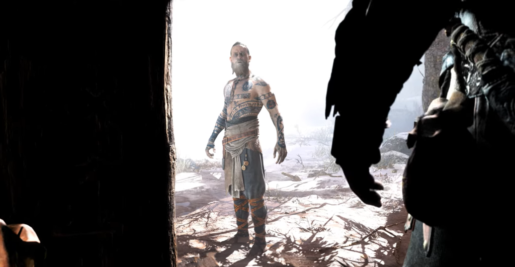 Бальдр из God of War стоит на снегу