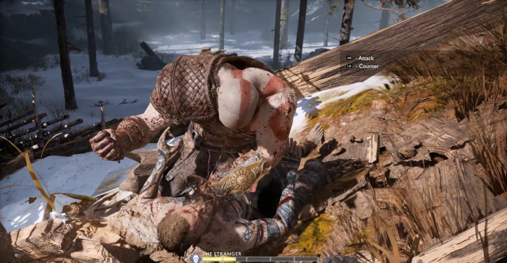 Кратос дерется с Чужаком в снежном лесу