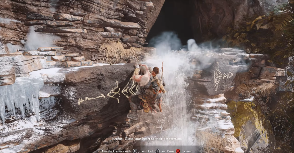 Player aiming weapon at humanoid robots in hallway