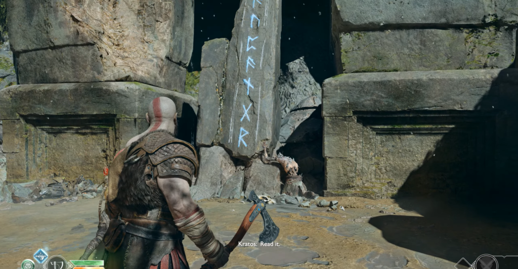 First-person holding axe inside wooden elevator cabin