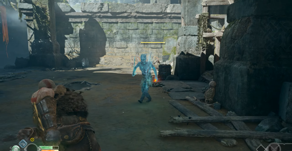 Holding axe near desk with radio and papers