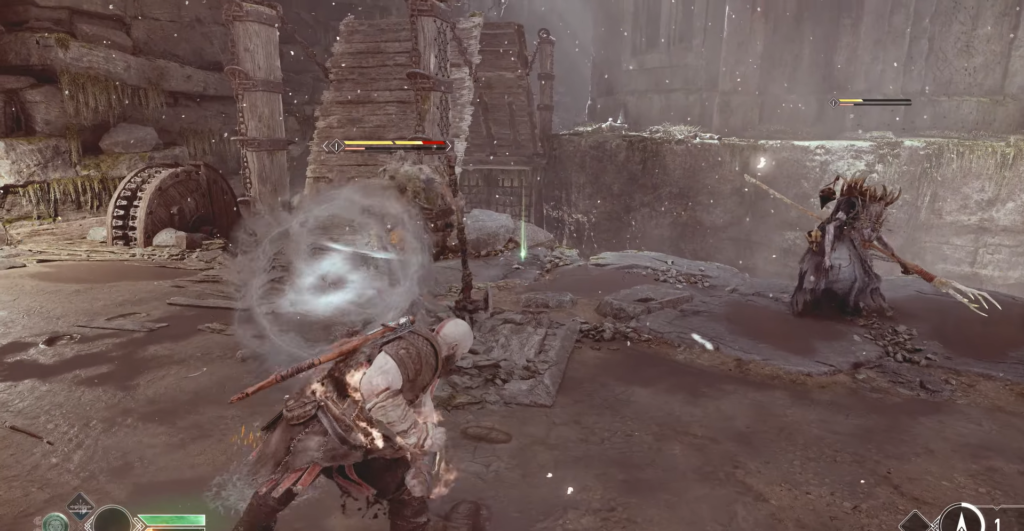 First-person view aiming gun at yellow pipe ladder