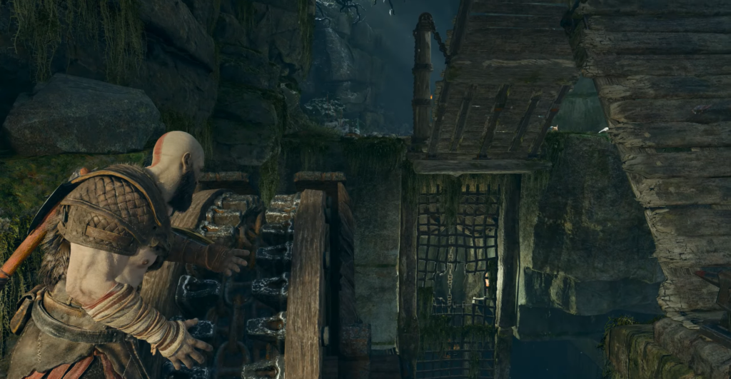 First-person hands climbing ledge in industrial room