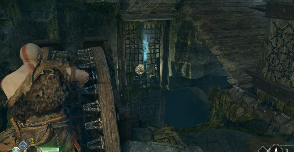 First-person shooter aiming rifle in dark cave