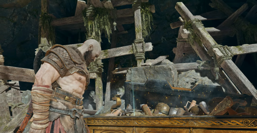 First-person view holding axe in ruined warehouse room