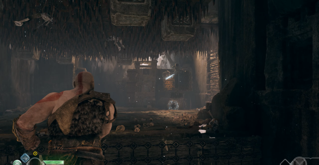 First-person view holding bat in overgrown warehouse shelves