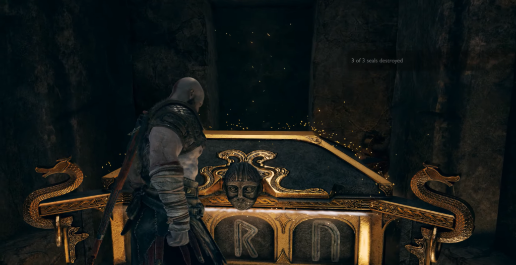 Player holding axe in room with round windows